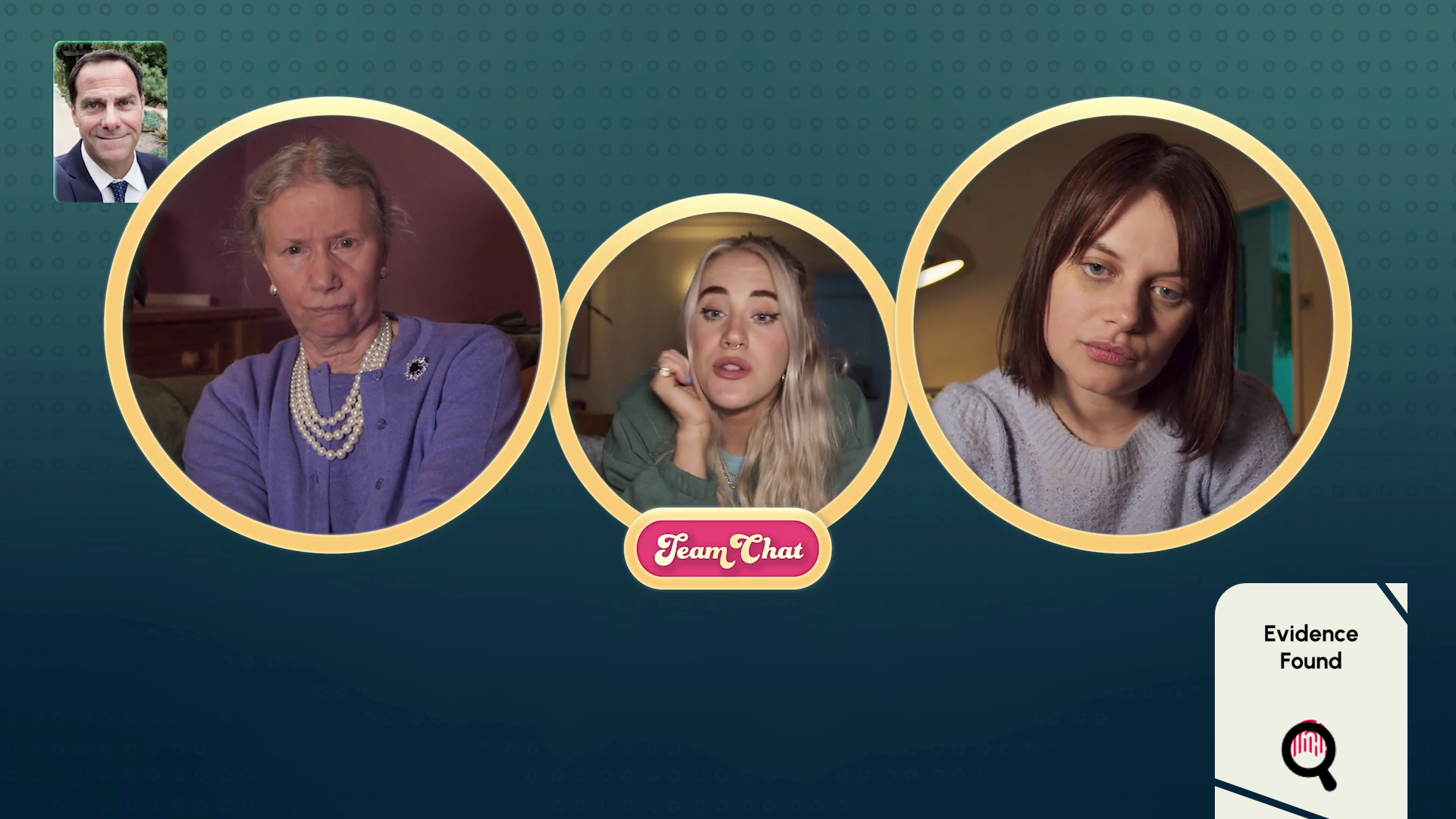 Three women gather on a video call. An elderly woman is on the left, a young blonde woman in the middle, and a young brunette on the right.