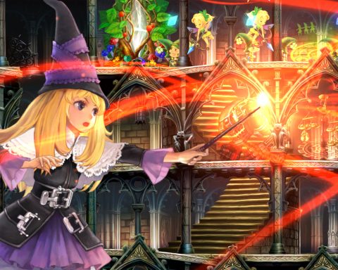 Lillet, a blonde wizard, stands to the left pointing her wand/magic towards enemies in the level. Helpful fairies are in the background.