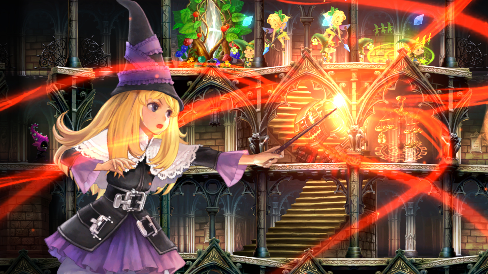 Lillet, a blonde wizard, stands to the left pointing her wand/magic towards enemies in the level. Helpful fairies are in the background.