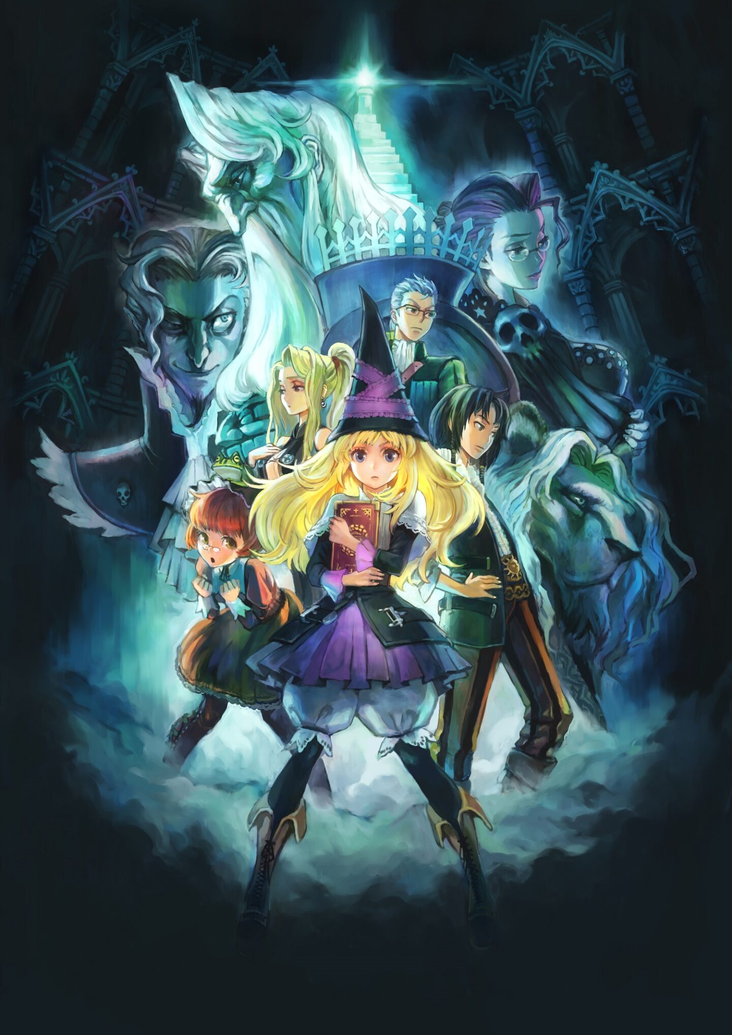 A blonde witch stands in front of seven other characters. Four are smaller than her, with two larger looming behind them all.