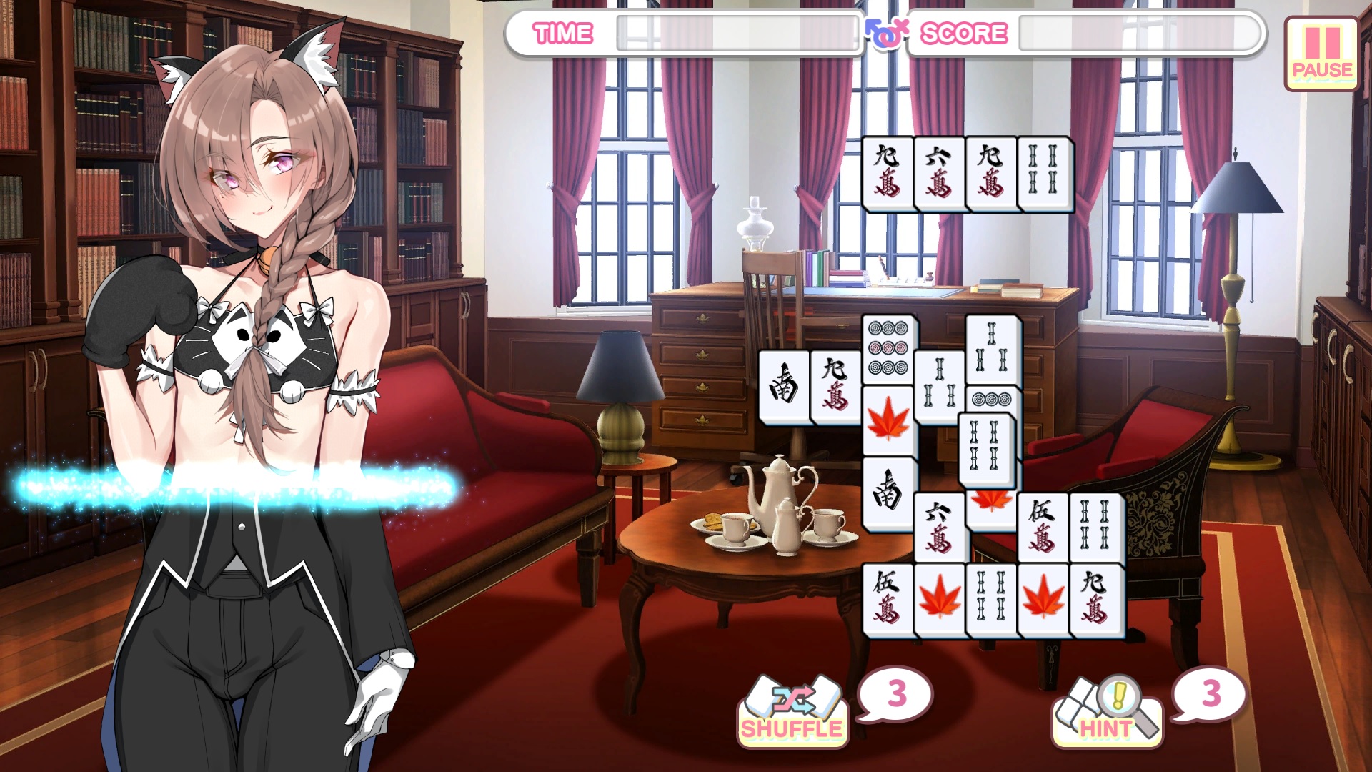 A person with cat ears is standing on the left. Her top is like a kitty bikini, but her bottom is a tuxedo. A blue line shows change is happening. To the right is a mahjong board, with three hints and three shuffles available.