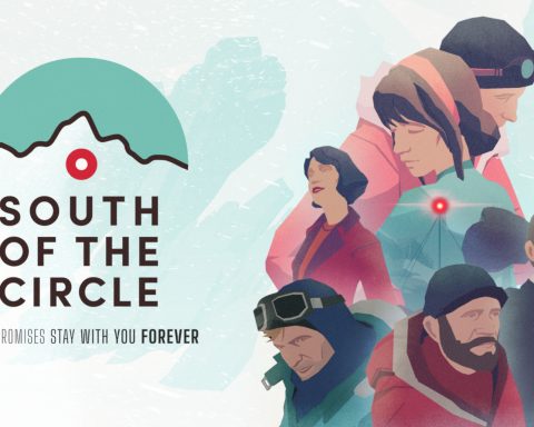 To the left is a logo for South of the Circle, text below a small mountain cutout. To the right are six figures from the waist up, facing different directions.