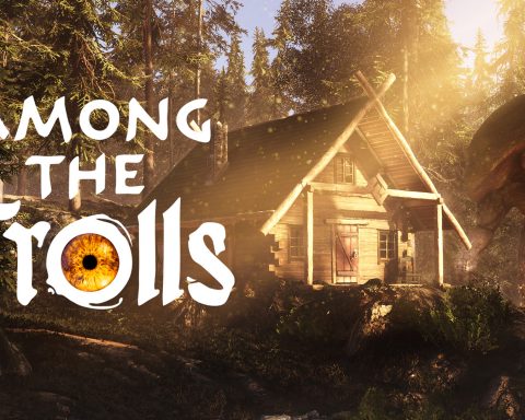 Among the Trolls Key Art. There is a cabin in the background. Next to it is a sort of large rock creature. At the forefront is the game's logo.