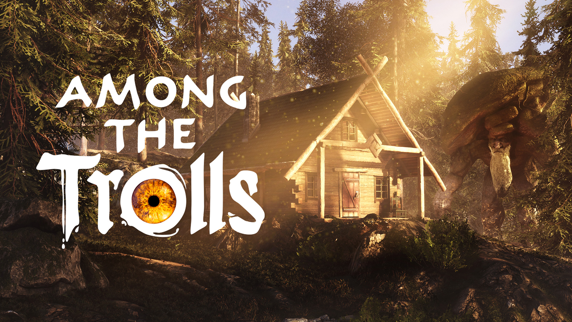 Among the Trolls Key Art. There is a cabin in the background. Next to it is a sort of large rock creature. At the forefront is the game's logo.