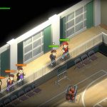 A screenshot from Banchou Tactics. One team of two students battles one team of three students in the gymnasium.