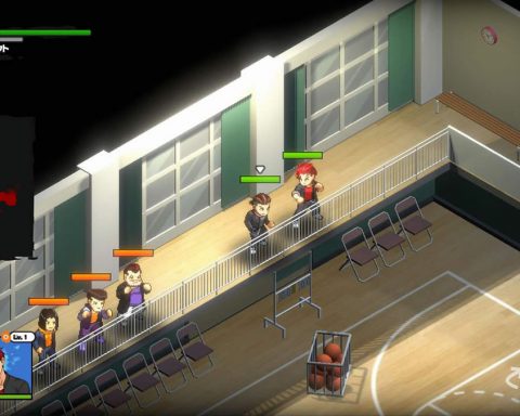 A screenshot from Banchou Tactics. One team of two students battles one team of three students in the gymnasium.