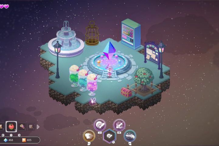 A screenshot from Crystarise. A girl with pastel purple hair stands at the centre of a floating island. Just behind her is a sort of circular pool with a crystal floating above it. In the top left, a water fountain. To the top right, a vending machine and a bulletin board. The bottom right is occupied by a tree and a treasure chest. In the bottom left, there are three human-heigt drinks: green, blue, and purple.
