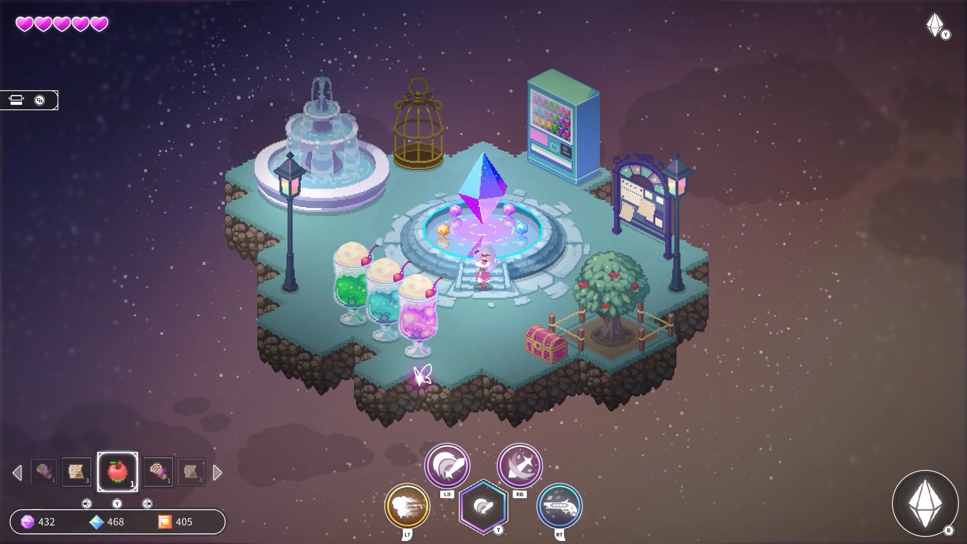 A screenshot from Crystarise. A girl with pastel purple hair stands at the centre of a floating island. Just behind her is a sort of circular pool with a crystal floating above it. In the top left, a water fountain. To the top right, a vending machine and a bulletin board. The bottom right is occupied by a tree and a treasure chest. In the bottom left, there are three human-heigt drinks: green, blue, and purple.