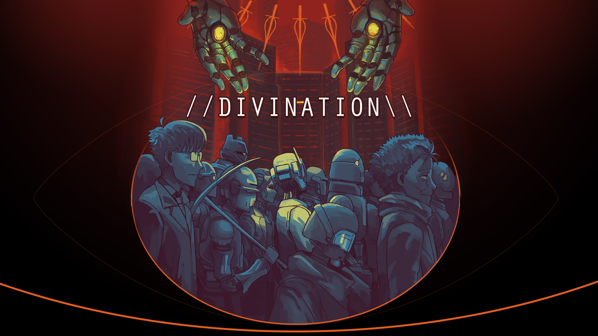 A pair of robot hands enter to from the top centre. Under that is the Divination logo, and under that a crowd of robots and humans.