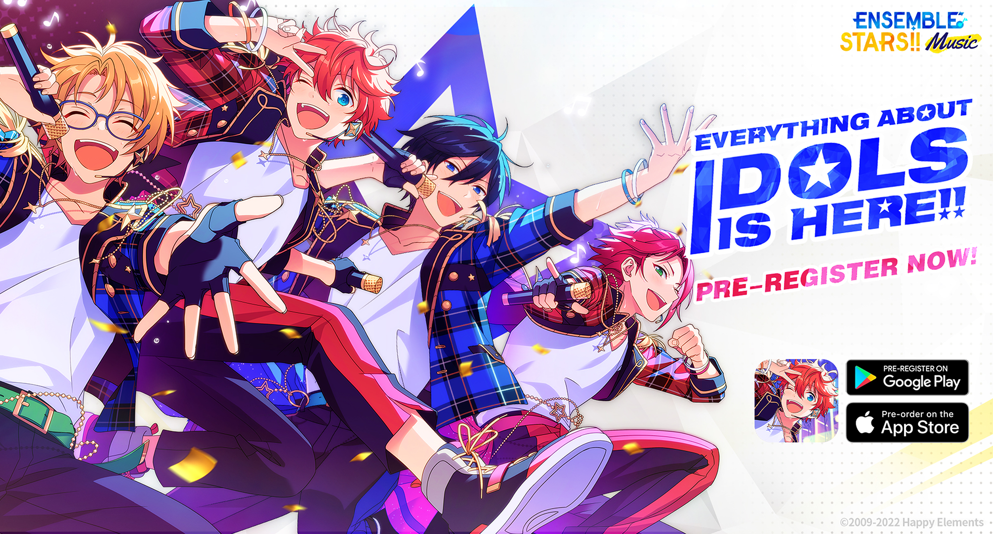 Ensemble Stars!! Music pre-registration image. Most of it is taken up by four idols. It states "Everything about idols is here! Pre-register now."