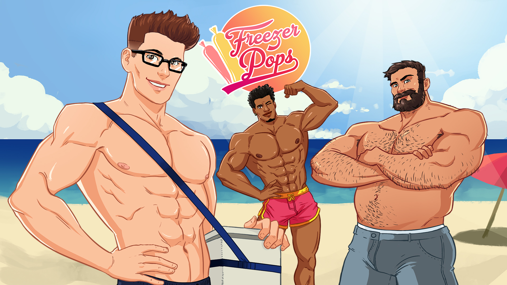 The Freezer Pops logo appears at the centre of the top of the frame. There are three men on a beach: a white man holding a cooler, a black man posing, and a very tanned man looking gruff.