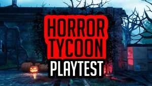 Horror Tycoon playtest's artwork. The logo sits in front of a creepy, dark, old building.