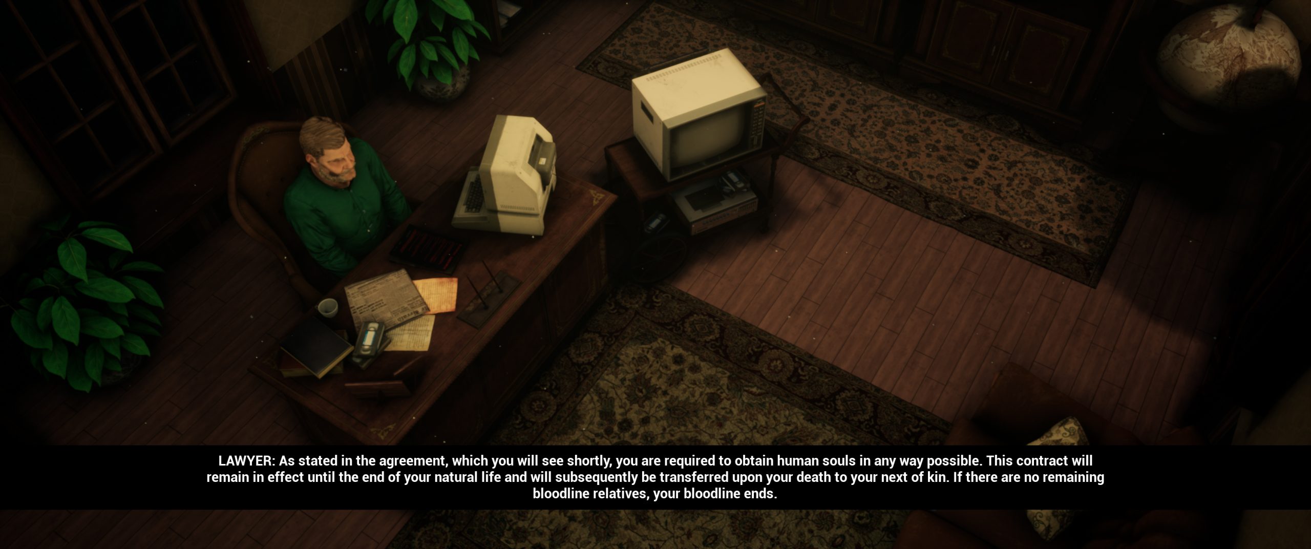 A screenshot from Horror Tycoon. It's of a man at a desk, talking about collecting souls or the family bloodline will end.