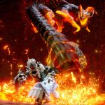 A screenshot from Monster Hunter Rise: Sunbreak. Magma Almudron comes up from the lava, high in the air as a hunter in white fur stands below.