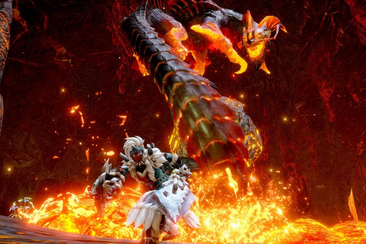 A screenshot from Monster Hunter Rise: Sunbreak. Magma Almudron comes up from the lava, high in the air as a hunter in white fur stands below.