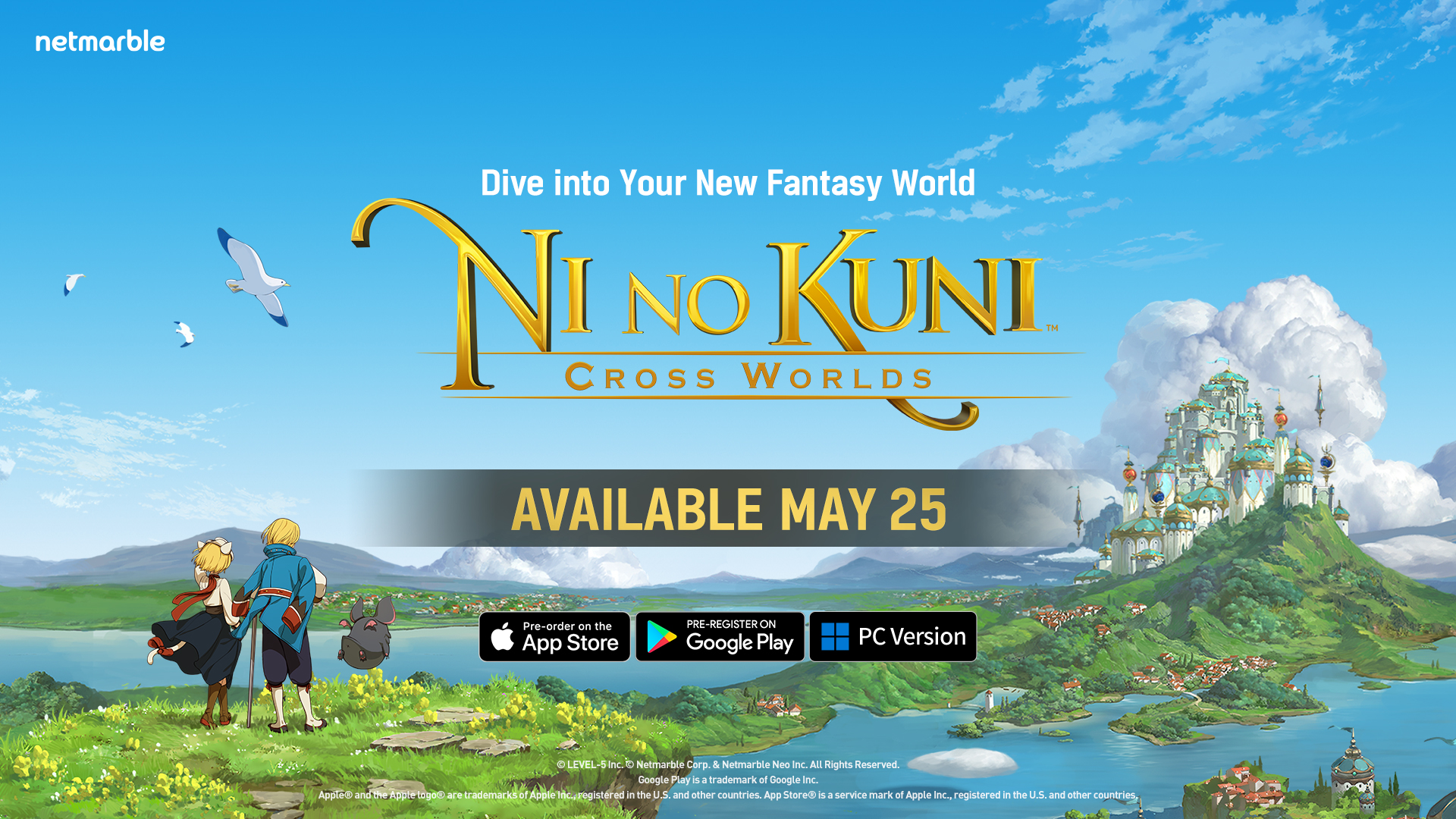 The Ni no Kuni: Cross Winds logo is a the top centre. Underneath is the launch date: May 25. Two people stand at the bottom left, backs to us. They are gazing at a kingdom in the distance, in the upper right hand side.