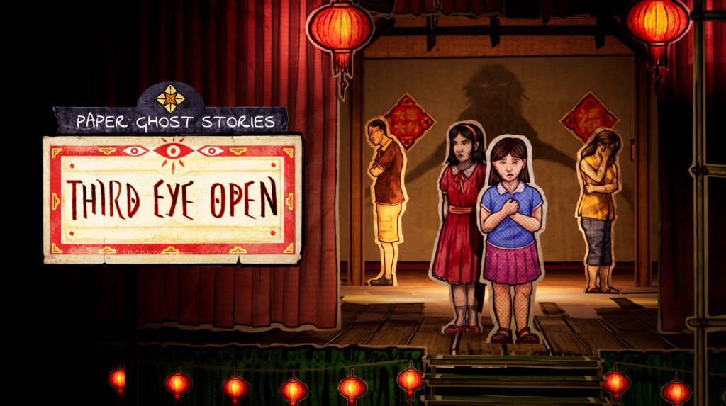 A promotional image for Paper Ghost Stories: Third Eye Open. The logo is on the left. To the right are four paper figures on a stage, with a creepy shadow looming behind them.
