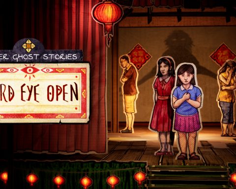 A promotional image for Paper Ghost Stories: Third Eye Open. The logo is on the left. To the right are four paper figures on a stage, with a creepy shadow looming behind them.