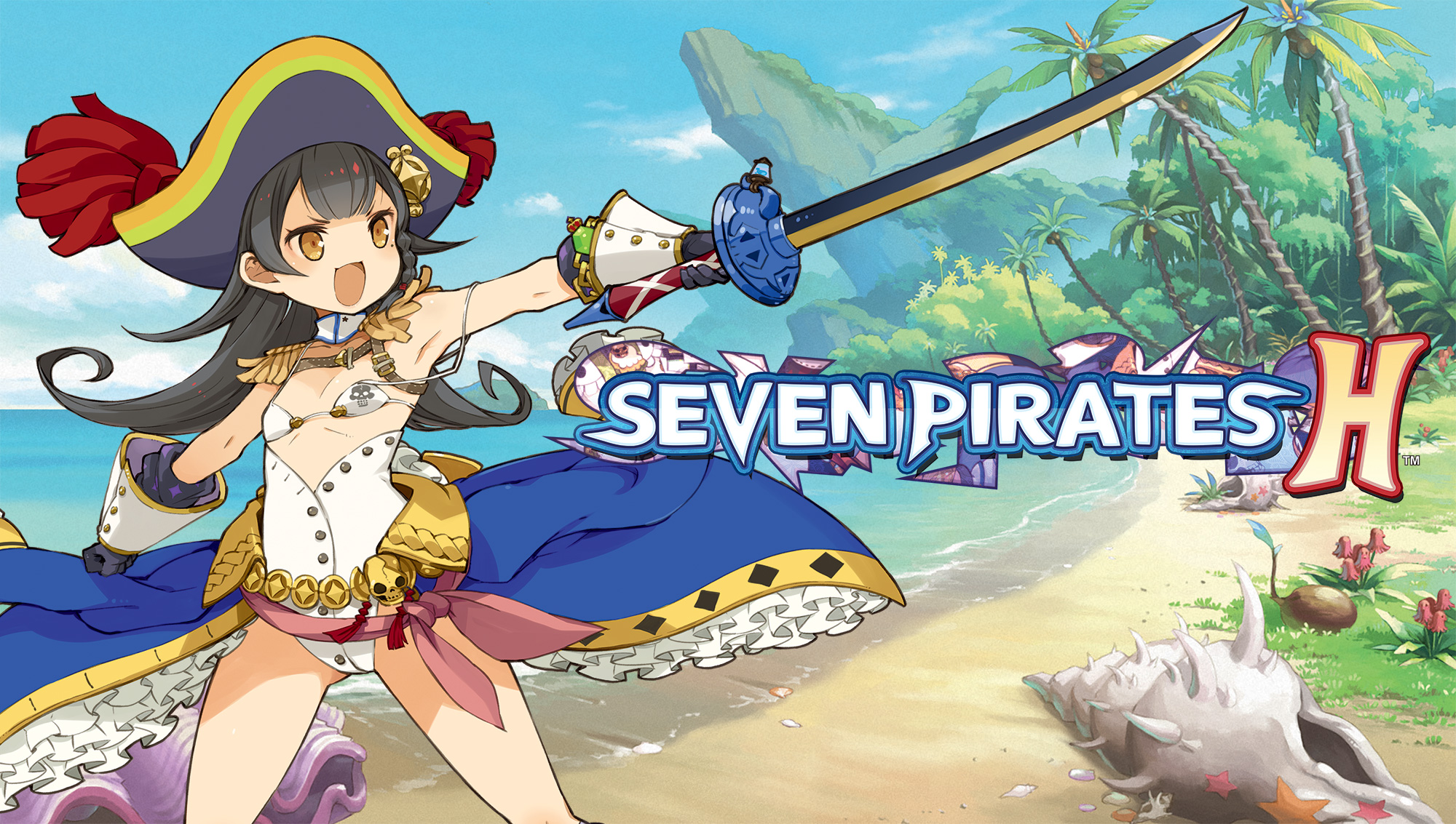 On a beach, a woman pirate with a sword points towards the upper right corener. The Seven Pirates H logo is under the sword.