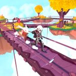 A screenshot from Temtem. A trainer leads their Temtem across a bridge connecting floating islands. The tamer wears a skeleton costume.