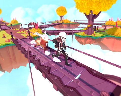 A screenshot from Temtem. A trainer leads their Temtem across a bridge connecting floating islands. The tamer wears a skeleton costume.