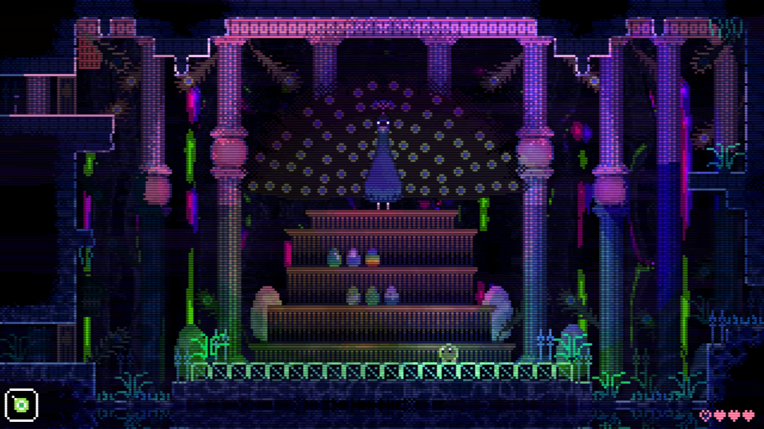 A screenshot from Animal Well. It is dark, with rainbow-coloured highlights. There is a giant peacock in the background.