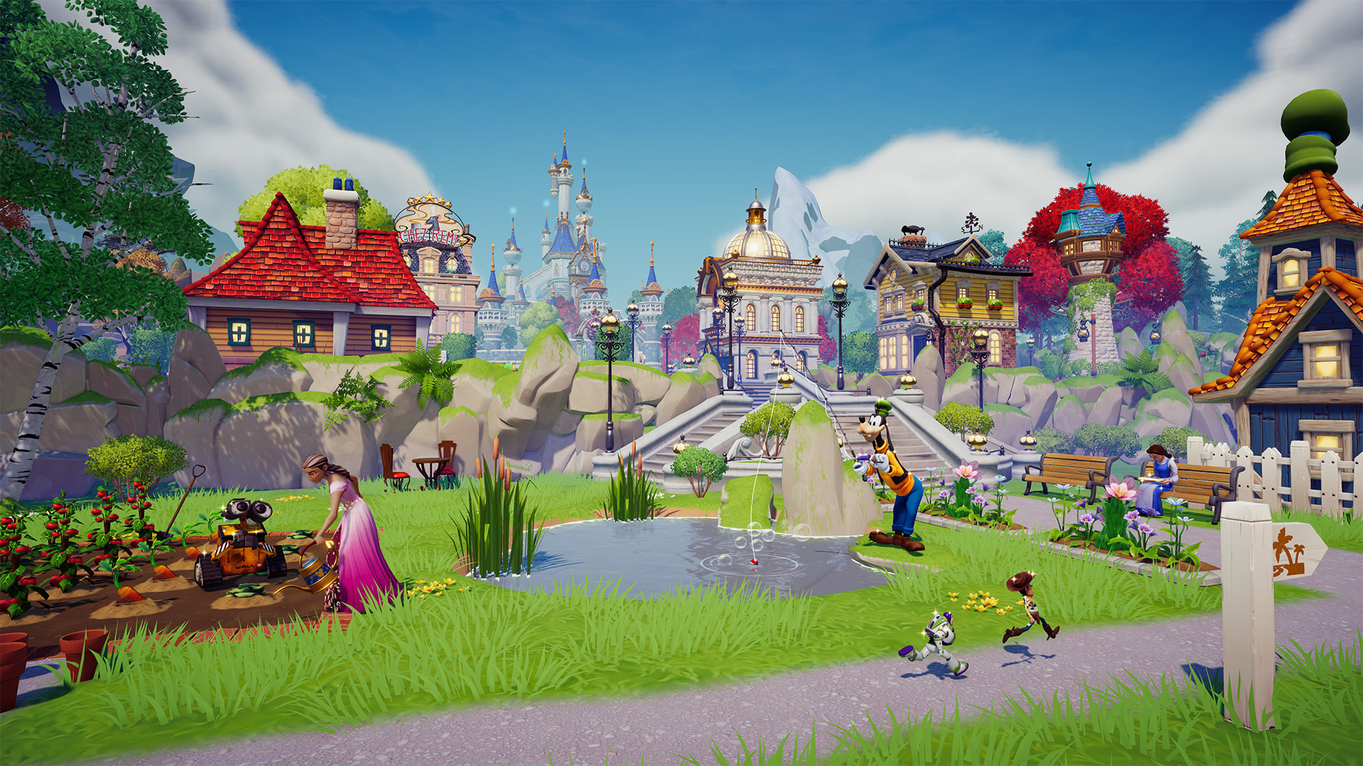 A screenshot from Disney Dreamlight Valley. Goofy, Belle, Woody, and Buzz Lightyear and enjoying their town.
