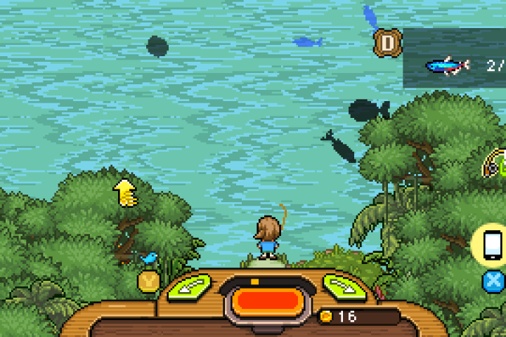 A screenshot from Fishing Paradiso. A boy is standing at the bottom centre, fishing in the lake.