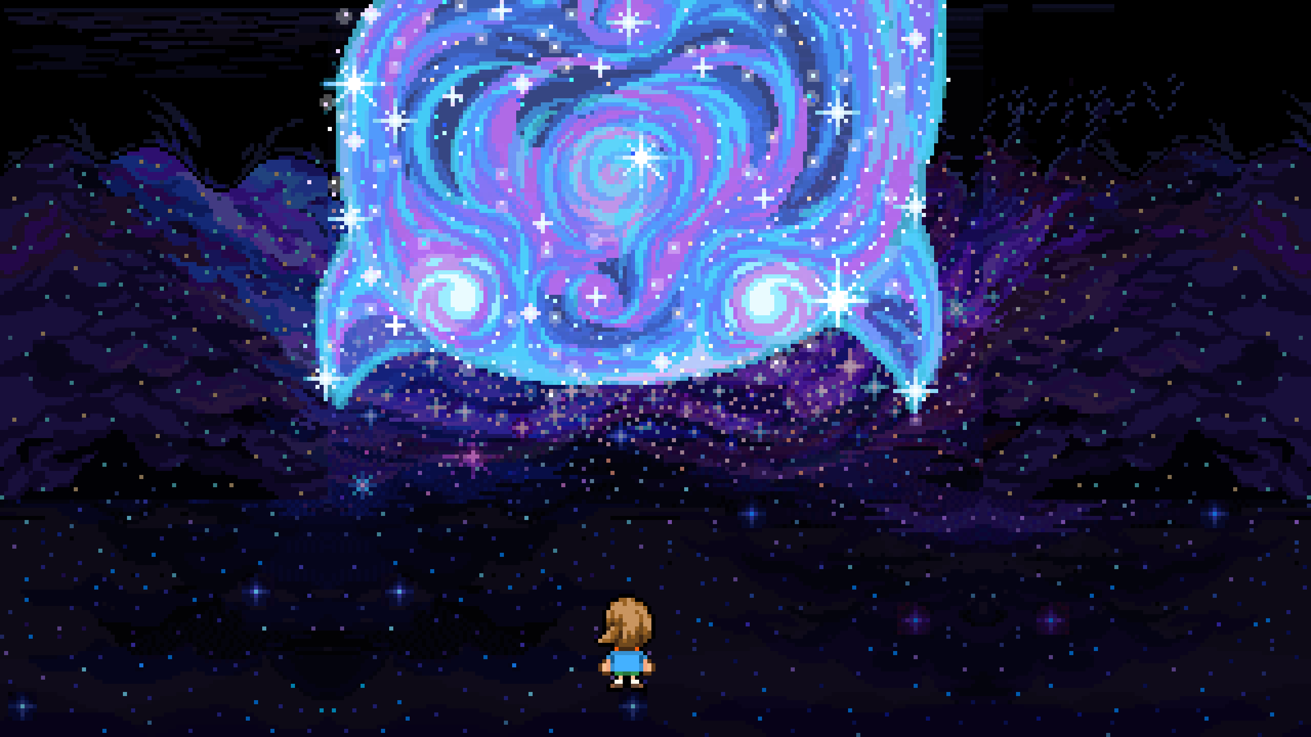 A screenshot from Fishing Paradiso. A boy is stnading in front of God Fish in the Milky Way.