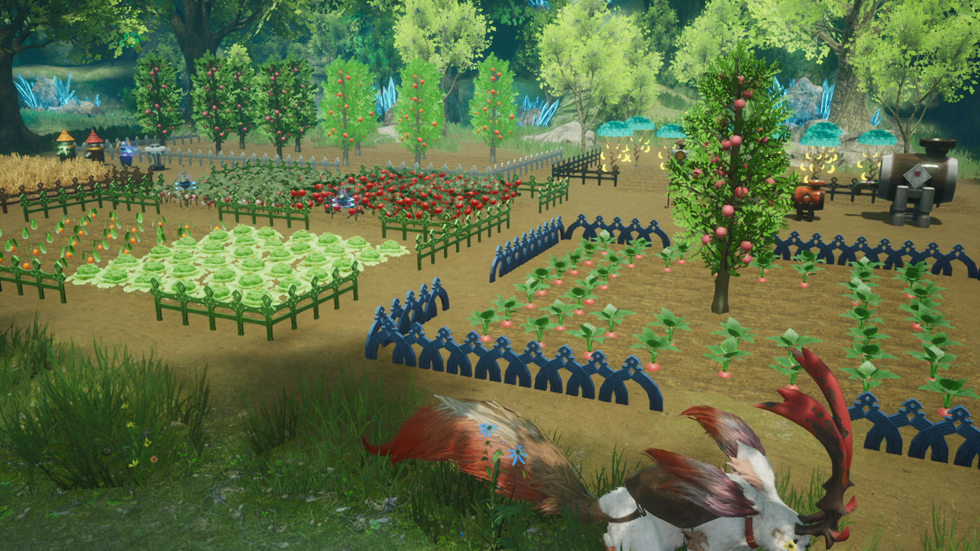 A screenshot from Harvestella. We see a garden with plants and trees. A wild animal scurries across the bottom of the image.