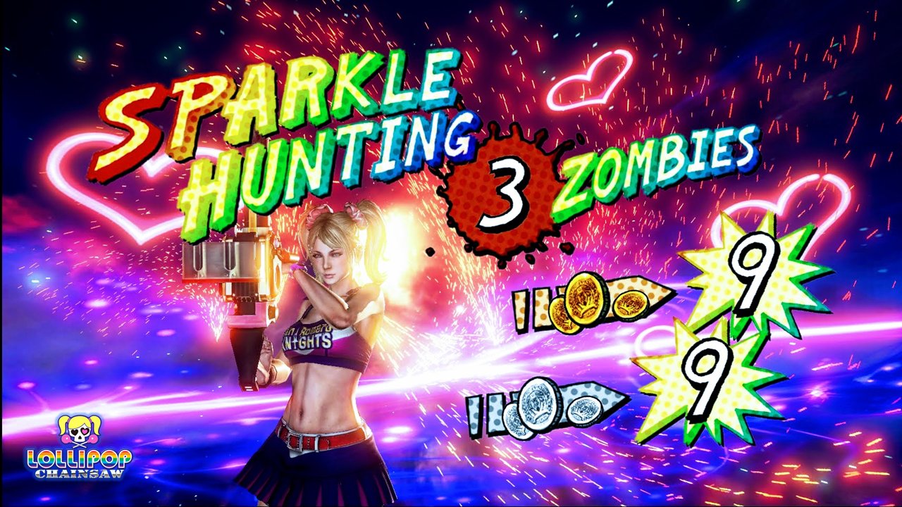 A screenshot from Lollipop Chainsaw. A girl wearing a cheerleading uniform is holding a chainsaw. There are words around her, including "Sparkle Hunting" and "3 Zombies."