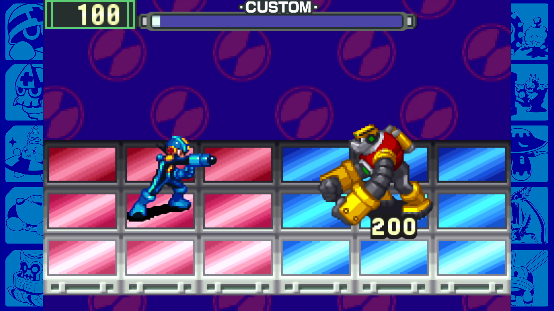 A screenshot from Megaman Battle Collection. Megaman is standing on red titles, fighting a monster standing on blue tiles.