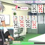 A screenshot from Otoko Cross: Pretty Boys Klondike Solitaire. A boy stands to the left of the screen, with a shimmer showing where his outfit is changing. A game of Klondike Solitaire takes up the rest of the screen.