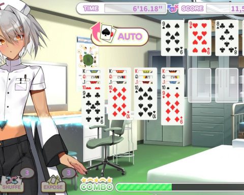 A screenshot from Otoko Cross: Pretty Boys Klondike Solitaire. A boy stands to the left of the screen, with a shimmer showing where his outfit is changing. A game of Klondike Solitaire takes up the rest of the screen.