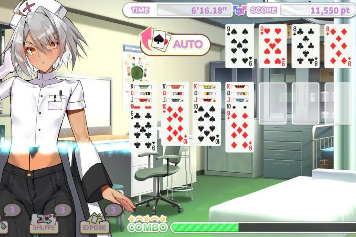A screenshot from Otoko Cross: Pretty Boys Klondike Solitaire. A boy stands to the left of the screen, with a shimmer showing where his outfit is changing. A game of Klondike Solitaire takes up the rest of the screen.