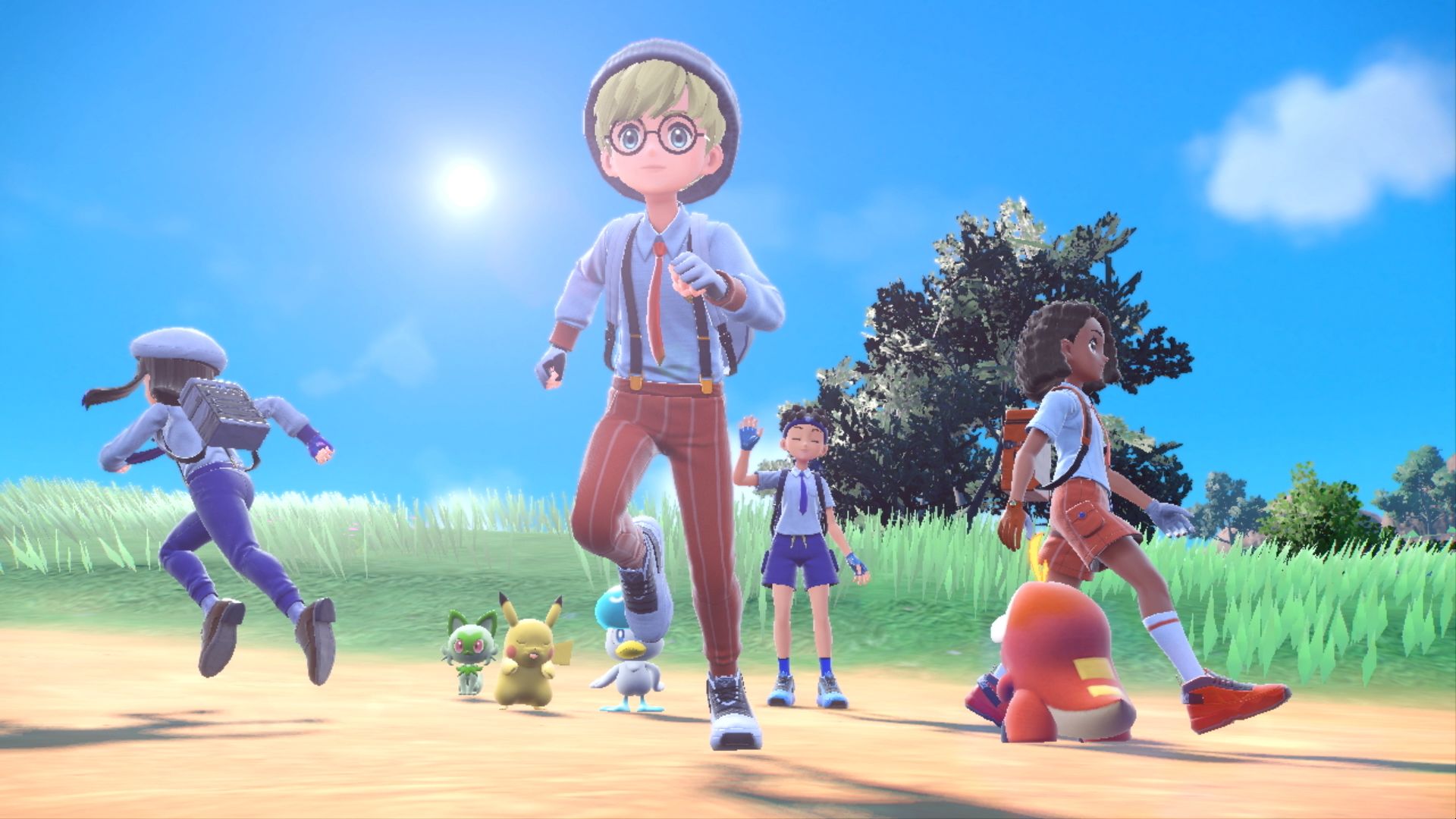 A screenshot from Pokemon Scarlet and Pokemon Violet. Four trainers are walking in different directions, all away from each other. Each has their own Pokemon partner.