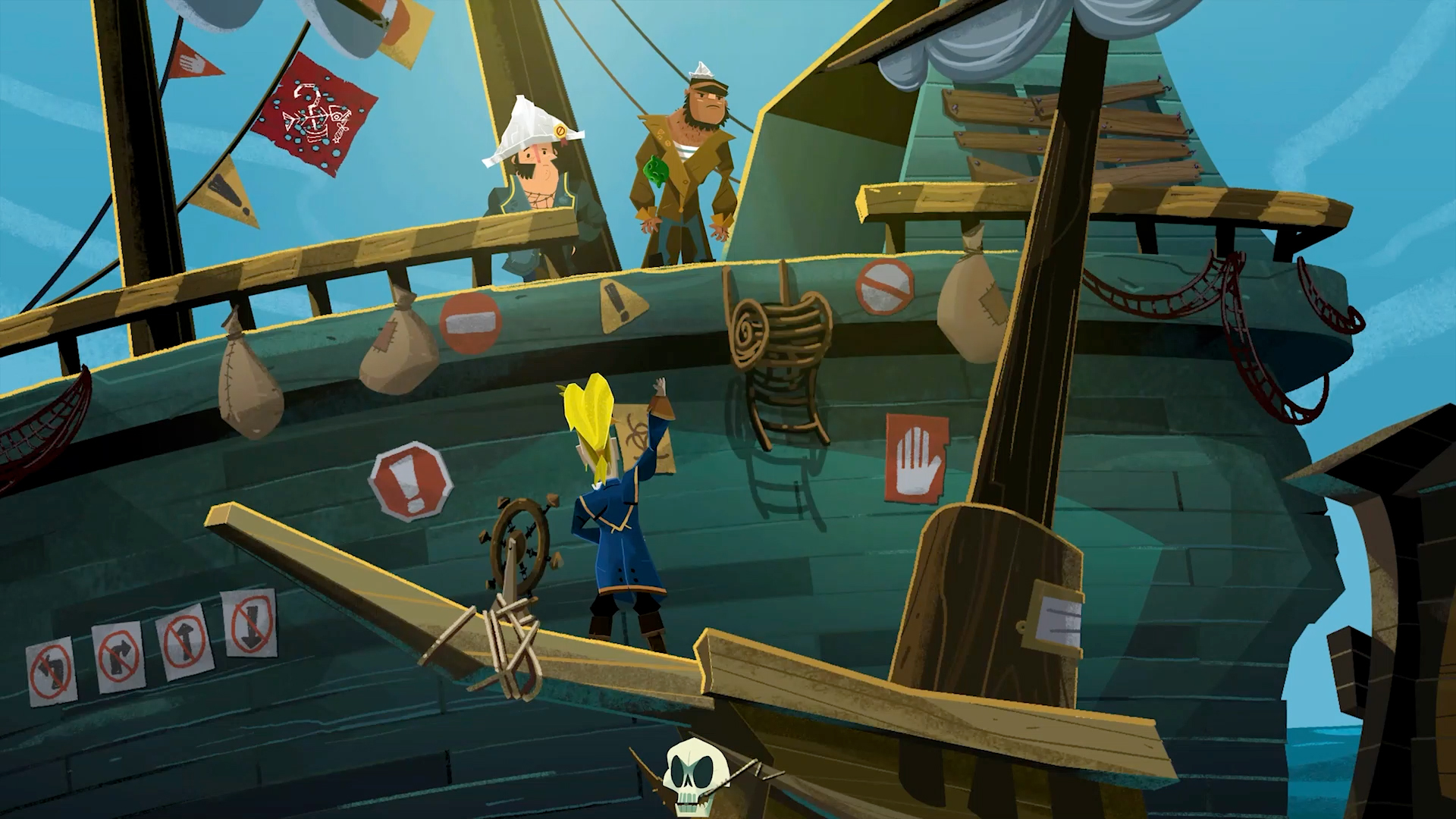 A screenshot from Return to Monkey Island. Two pirates stand on a ship, while another waves from below.