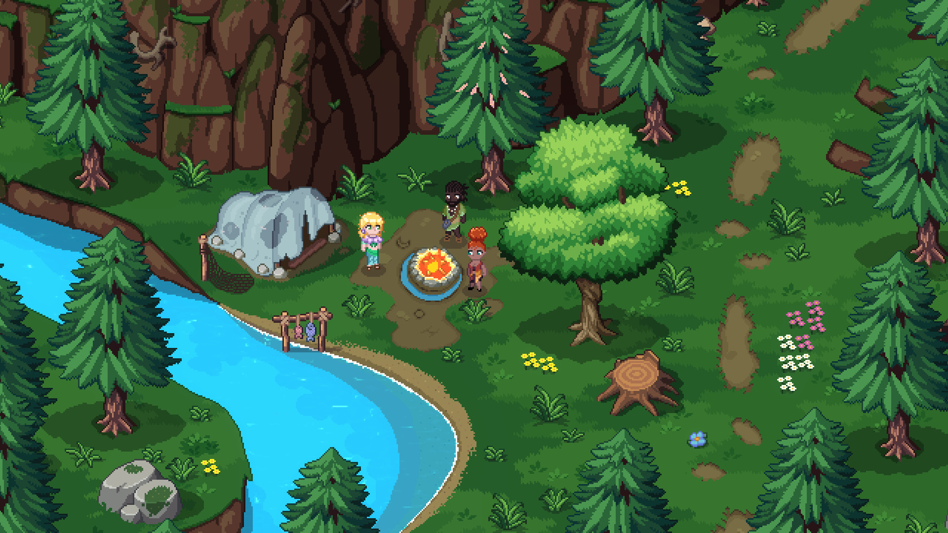 A screenshot from Roots of Pacha. Three people stand around a bonfire next to a river.