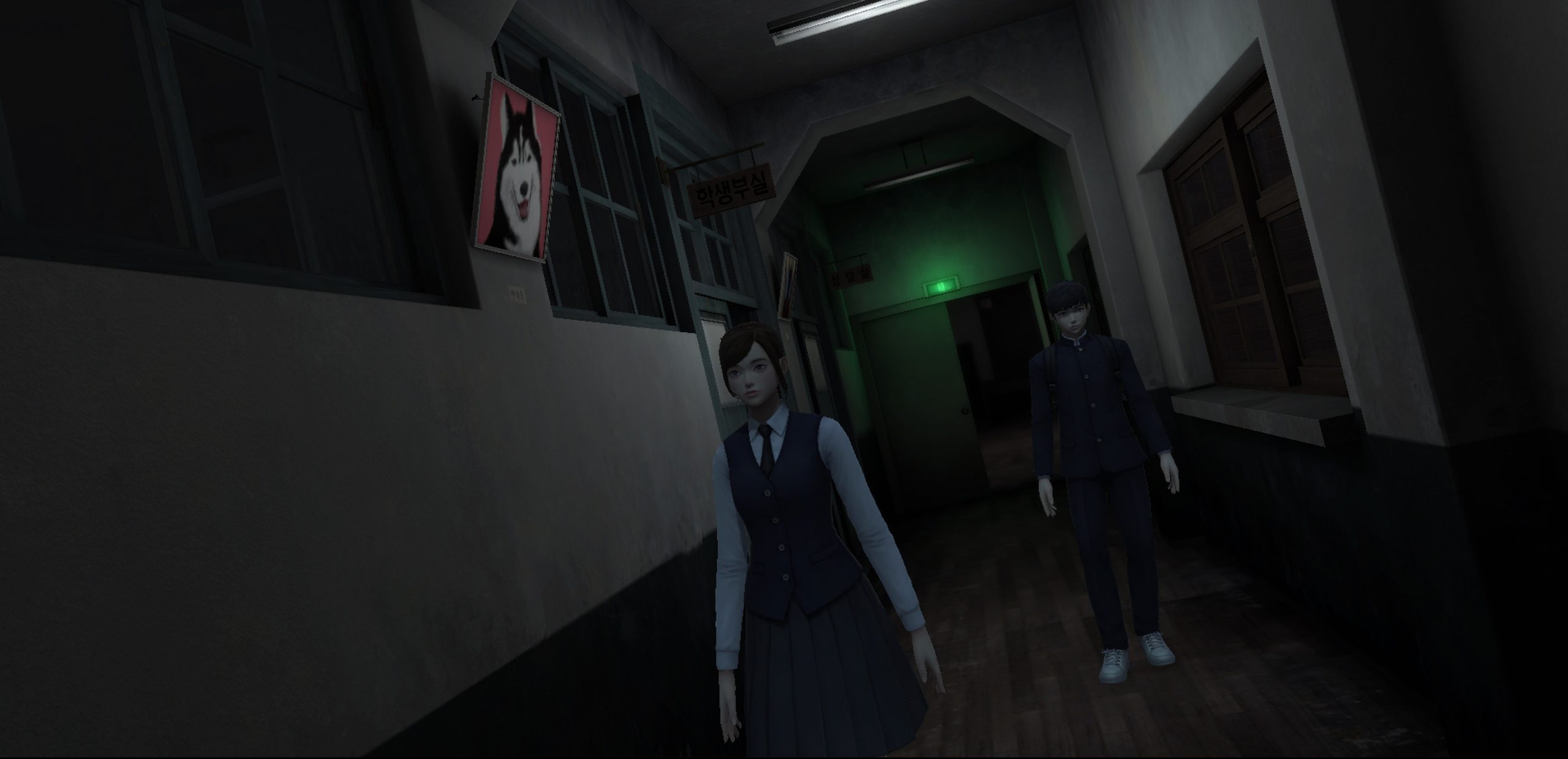 A screenshot from White Day: A Labyrinth Named School. A girl and a boy stand in a school hallway. The image is askew.