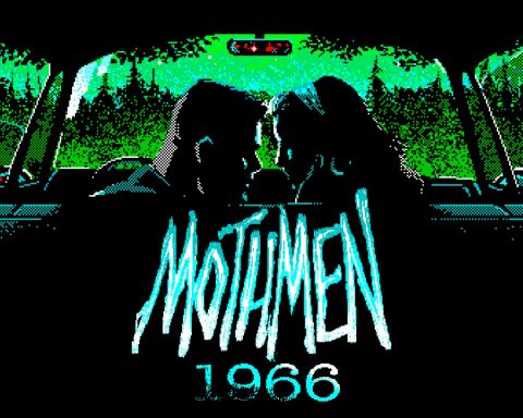 The key art for Mothmen 1966. It features the logo as well as a couple in a car, seen as though in the back seat.