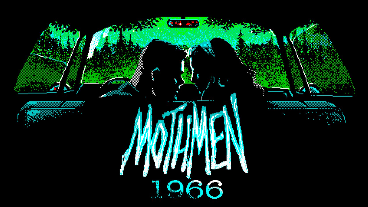 The key art for Mothmen 1966. It features the logo as well as a couple in a car, seen as though in the back seat.