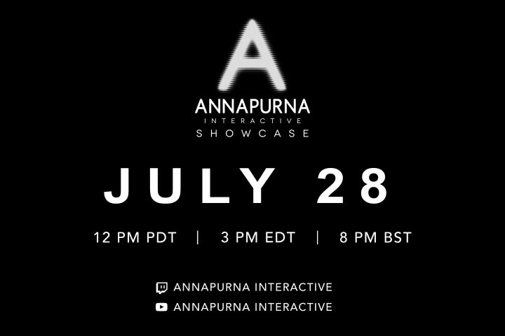 A promotional image for Annapurna Interactive Showcase, happening on July 28 at 3 p.m. EDT.
