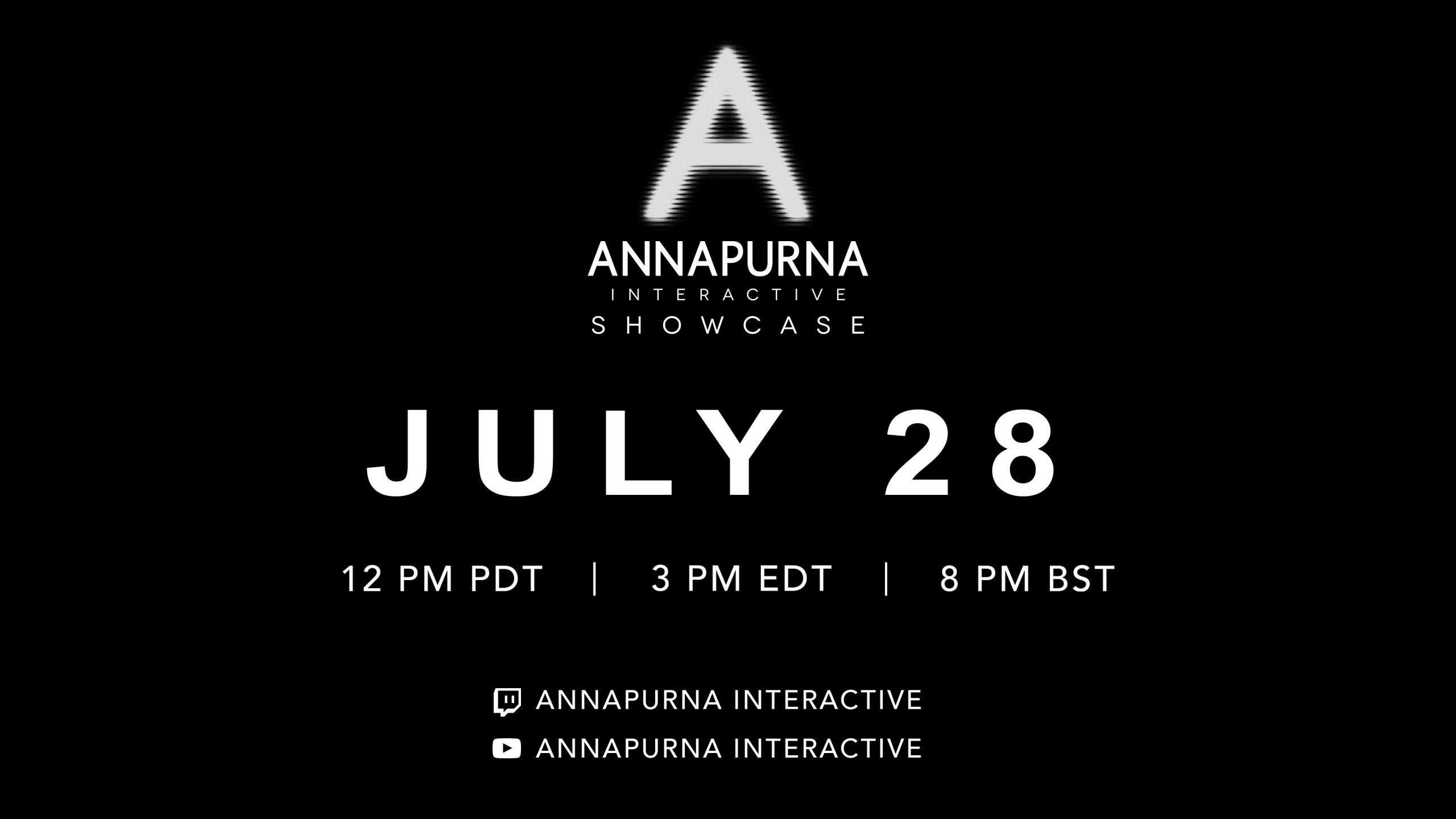 A promotional image for Annapurna Interactive Showcase, happening on July 28 at 3 p.m. EDT.