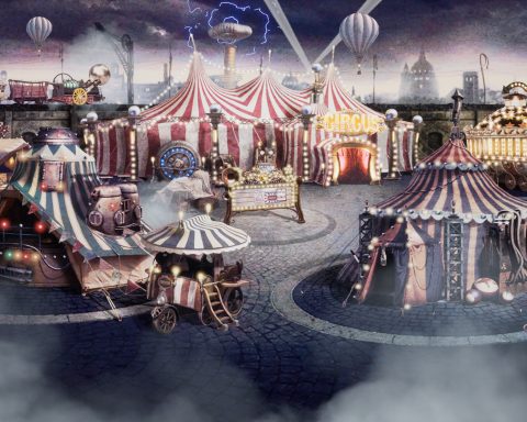 A screenshot from Circus Electrique shows several circus tents. The setting is dark and dreary.