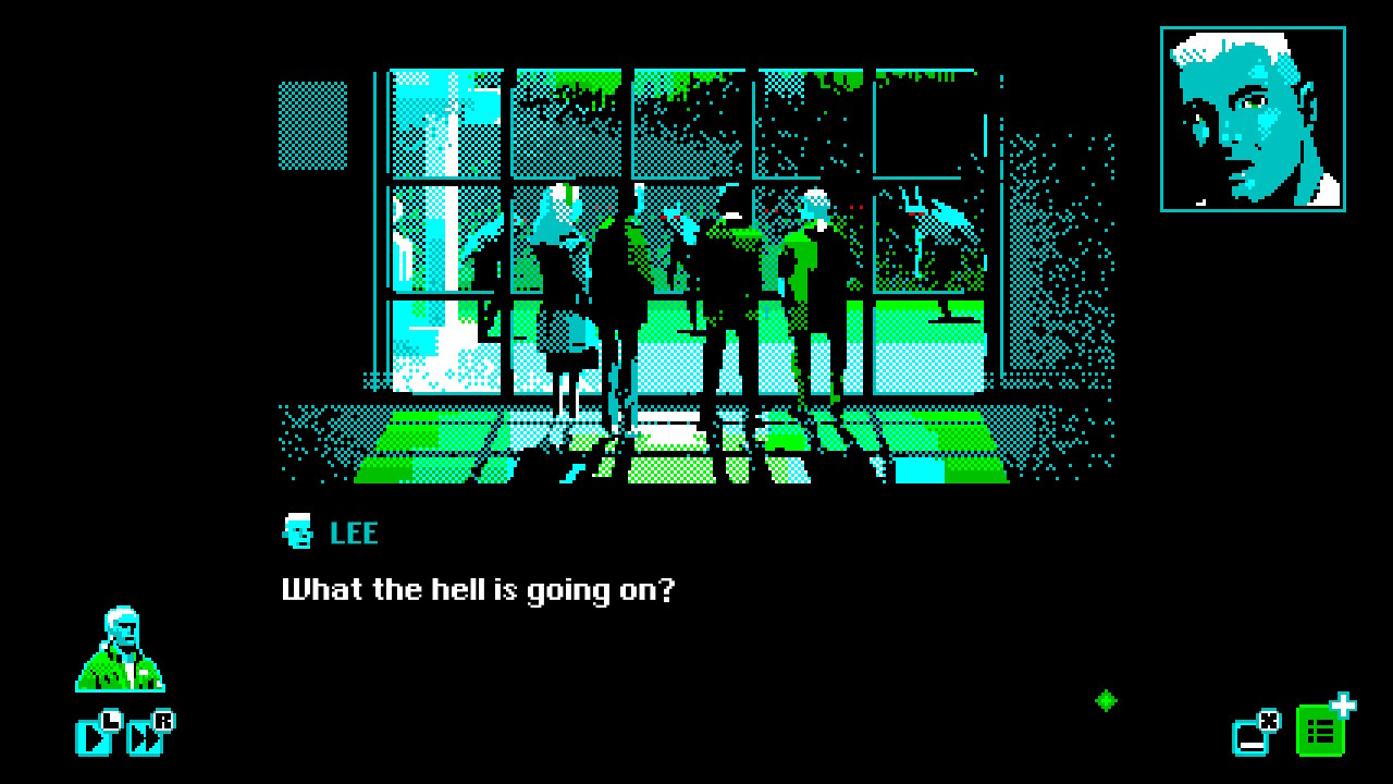 A screenshot from Mothmen 1966. Four people gather inside, in front of a big window. Large creatures roam outside. Lee states, "What the hell is going on?"