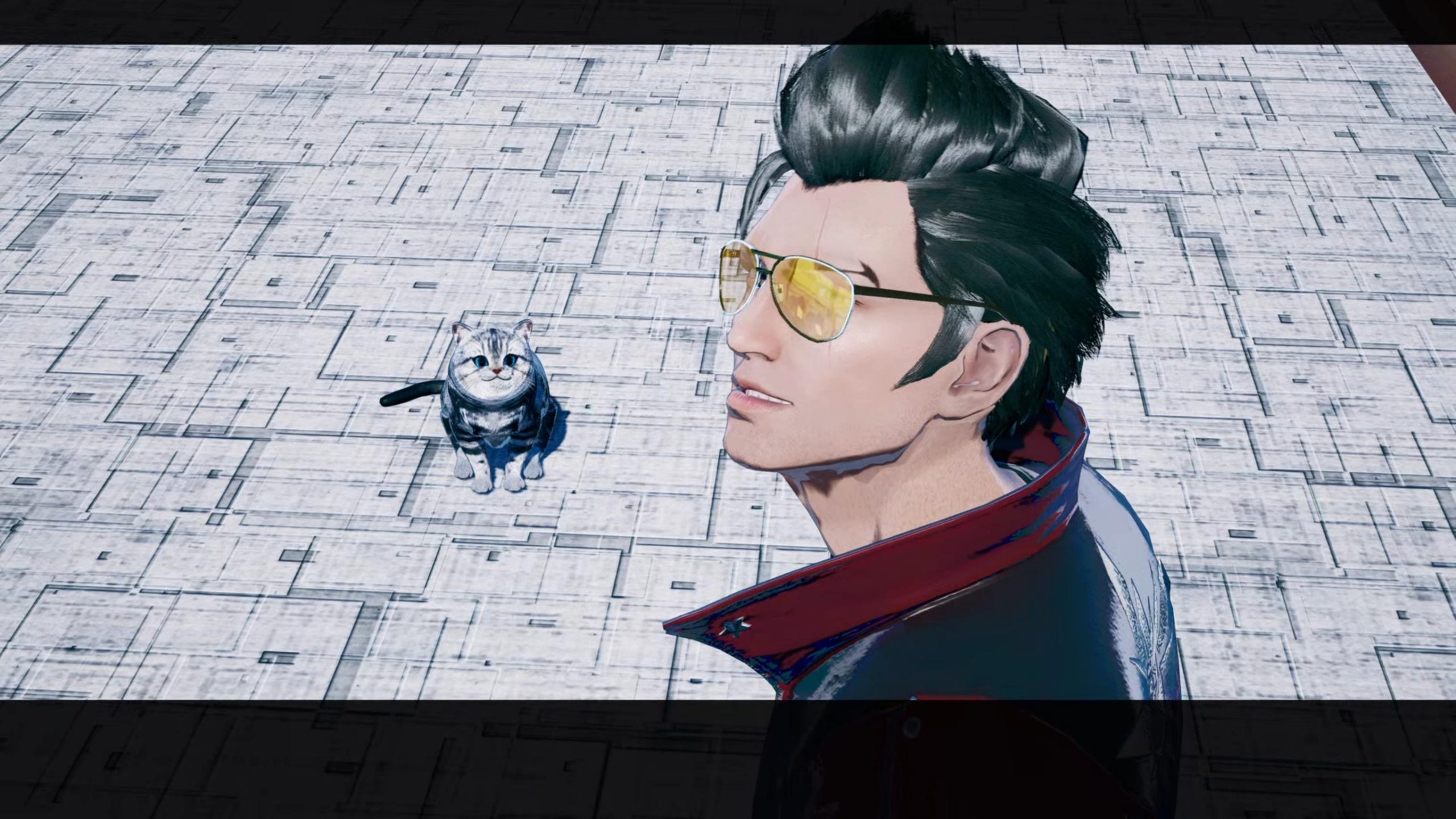 A screenshot from No More Heroes III. Travis stands in the foreground, seen from the shoulders up. He's looking to the top left. Next to him is a small tabby cat.