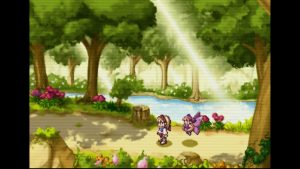 A screenshot from Prinny Presents NIS Classics Volume, more specifically Rhapsody: A Musical Adventure. A girl stands in the woods with a fairy.