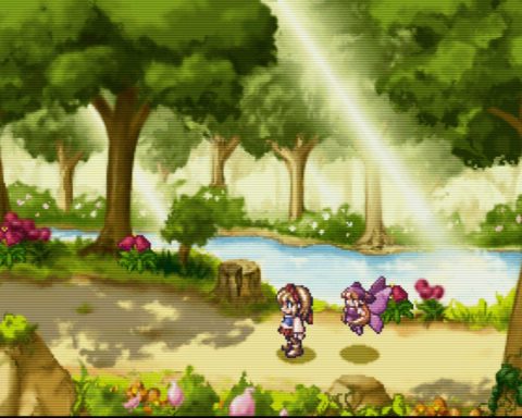 A screenshot from Prinny Presents NIS Classics Volume, more specifically Rhapsody: A Musical Adventure. A girl stands in the woods with a fairy.