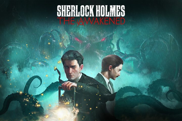 The key art for Sherlock Holmes: The Awakened (2022) featuring the logo, Sherlock, and presumably Watson. There are tenticles visible in the background.