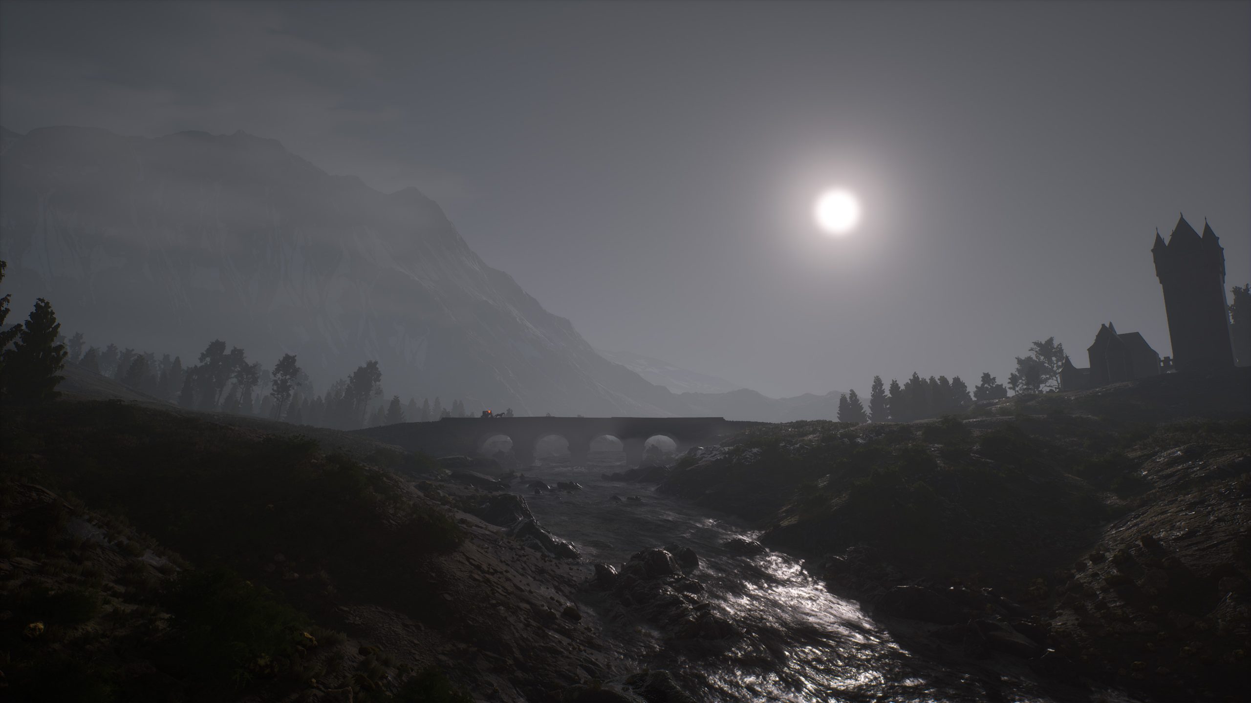 A screenshot of the scenery in Sherlock Homes: The Awakened. A horse-drawn carriage is crossing a bridge on a very foggy night.